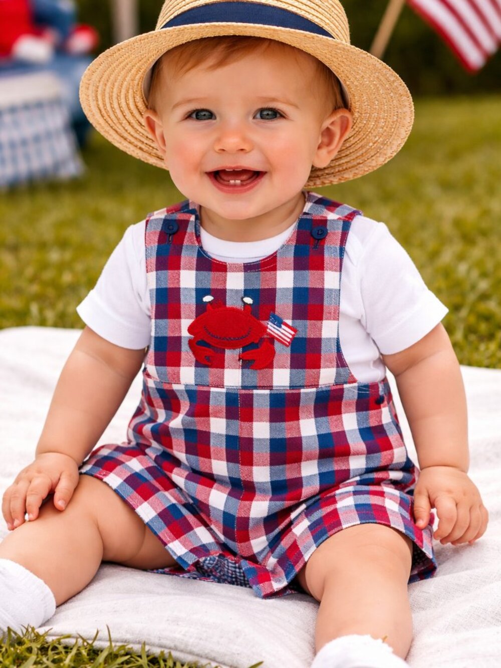 Infant Seersucker American Flag Patriotic Crab Romper Shortall 12 mo Reversible